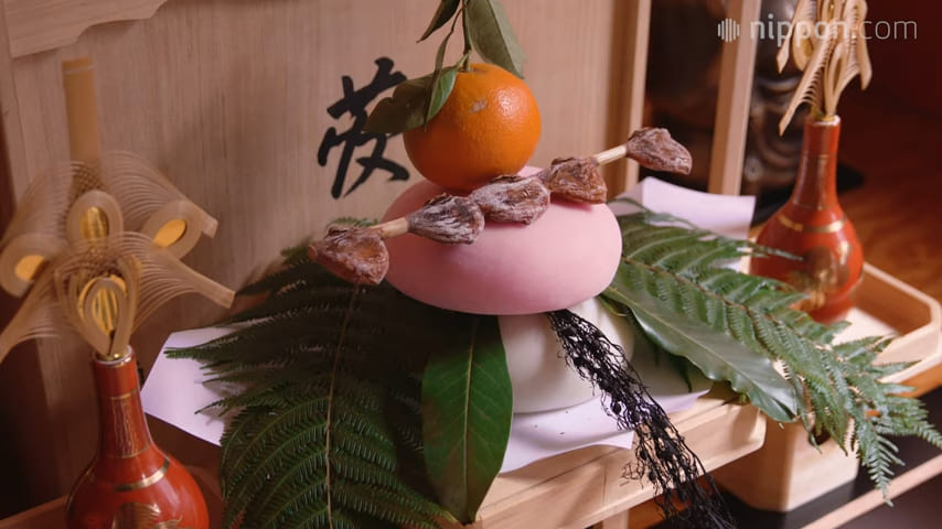 Pink and white kagami mochi